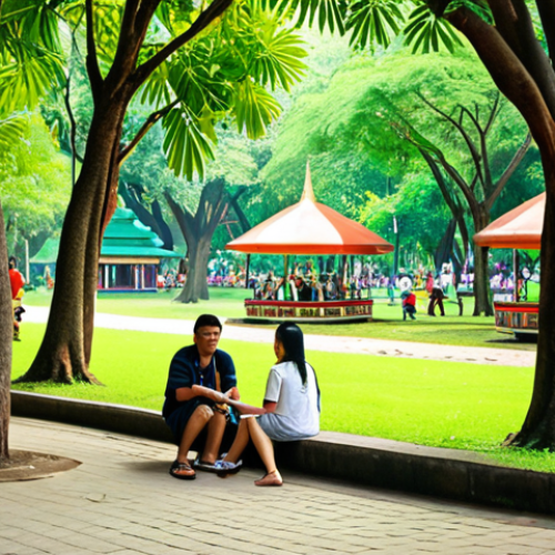 Home 4 **
A lush, green public park in Bangkok, Thailand, with people relaxing and enjoying nature. Focus on the positive emotions and sense of connection people have with the environment in an urban setting. Bright, cheerful colors.
**