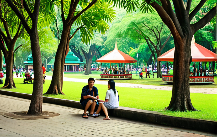 **

A lush, green public park in Bangkok, Thailand, with people relaxing and enjoying nature. Focus on the positive emotions and sense of connection people have with the environment in an urban setting. Bright, cheerful colors.

**