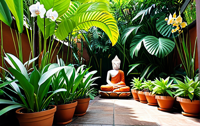 **

"A serene home garden in Thailand, lush green plants spilling from terracotta pots, orchids blooming vibrantly, a small Buddha statue nestled amongst the foliage, creating a peaceful oasis. Sunlight filtering through the leaves. Safe for work, appropriate content, fully clothed, family-friendly, perfect anatomy, natural proportions, professional photography, high quality."

**