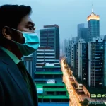 Home 15 생태 심리학과 공공 정책의 연계 - 5 levels, with tall, imposing concrete skyscrapers dominating the background. The person's face, par...