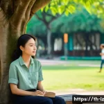 Home 14 생태 심리학적 접근의 이점 - **Urban Oasis Serenity:** A young Thai woman in comfortable, modest casual attire (e.g., a loose-fit...