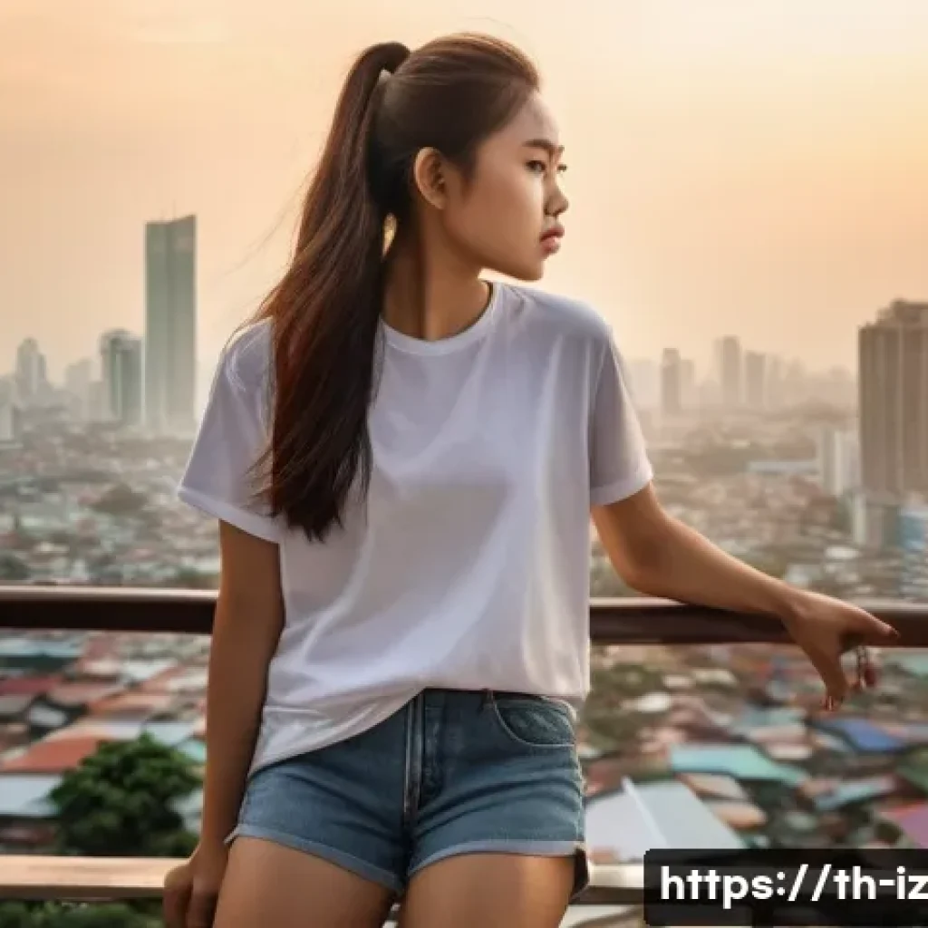 생태 심리학과 기후 변화 대응 전략 - A young Thai woman, dressed in a light, comfortable t-shirt and shorts, stands on a sun-drenched bal...