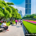 Home 11 생태 심리학과 도시 환경 - A vibrant urban park scene in Bangkok featuring lush green trees, colorful flowers, and people of va...