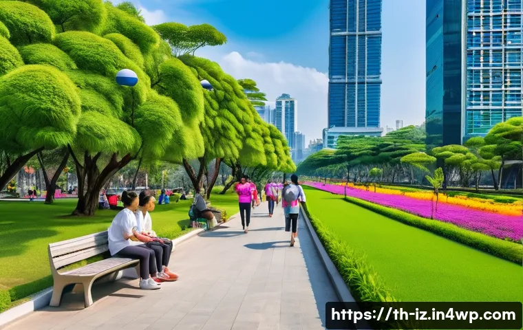 생태 심리학과 도시 환경 - A vibrant urban park scene in Bangkok featuring lush green trees, colorful flowers, and people of va...