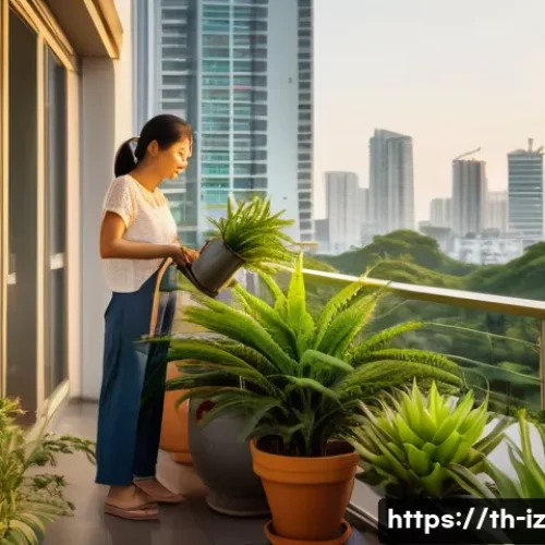 생태 심리학과 건강한 라이프스타일 - A serene urban balcony garden scene in Bangkok at golden hour, featuring a middle-aged Thai woman te...