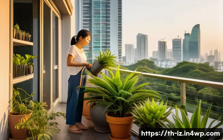 생태 심리학과 건강한 라이프스타일 - A serene urban balcony garden scene in Bangkok at golden hour, featuring a middle-aged Thai woman te...