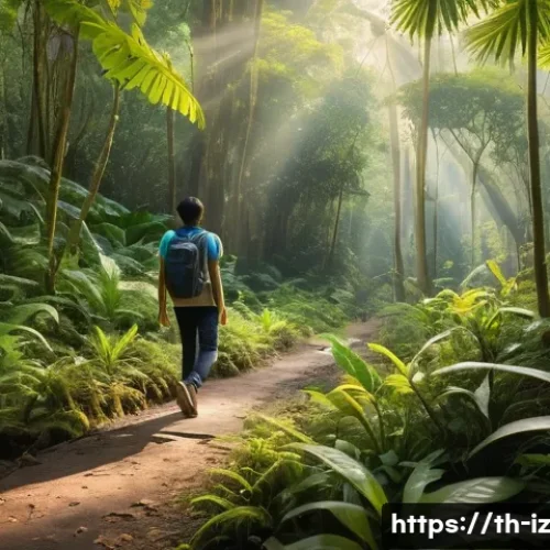 생태 심리학과 생태적 정체성 - A serene forest scene in Thailand during early morning, featuring a young Thai adult walking peacefu...