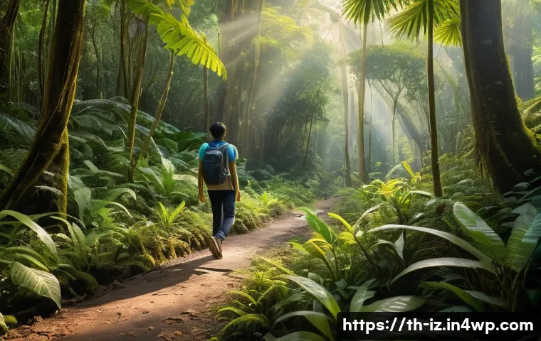 생태 심리학과 생태적 정체성 - A serene forest scene in Thailand during early morning, featuring a young Thai adult walking peacefu...