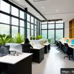 Home 18 생태 심리학 실천 사례 연구 - A modern Thai office interior bathed in natural sunlight streaming through large windows, featuring ...
