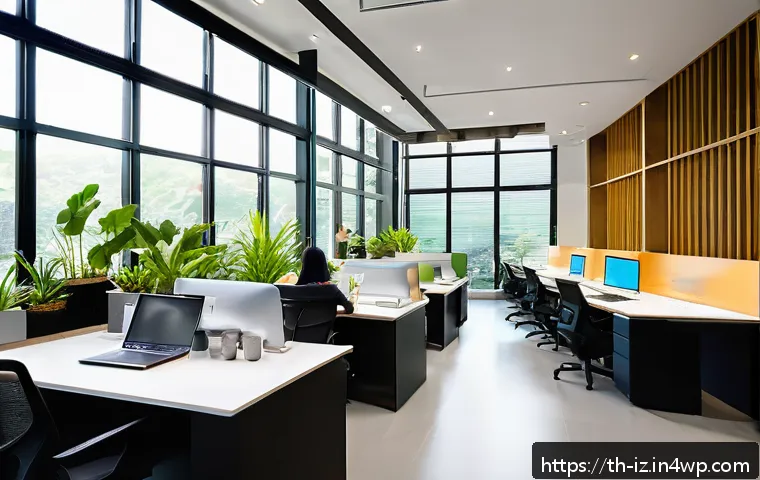생태 심리학 실천 사례 연구 - A modern Thai office interior bathed in natural sunlight streaming through large windows, featuring ...