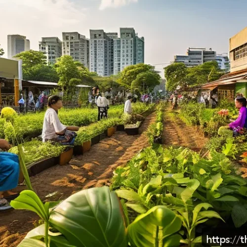 생태 심리학의 역사적 발전 - A vibrant urban community garden in Bangkok, Thailand, bustling with diverse Thai people of all ages...