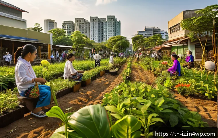 생태 심리학의 역사적 발전 - A vibrant urban community garden in Bangkok, Thailand, bustling with diverse Thai people of all ages...