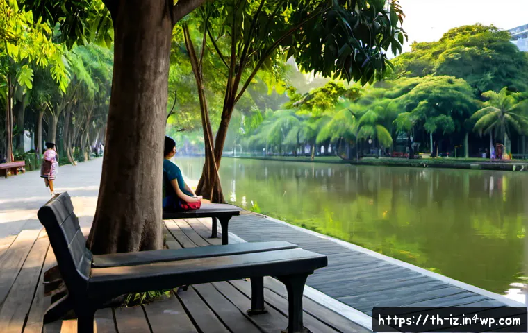 Home 17 생태 심리학과 인간의 환경 인식 - Photorealistic environmental psychology scene in a lush Bangkok public park, a Thai woman calmly sea...